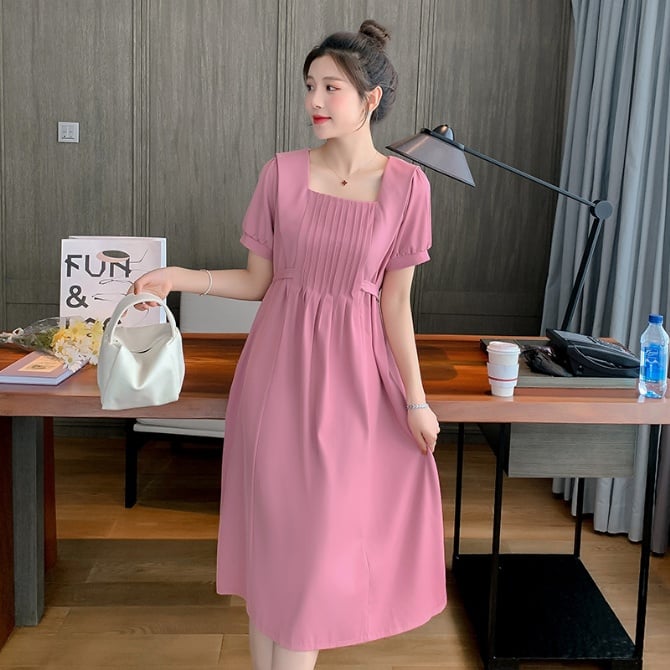 Square Neck French-Style Tie-Waist Midi Casual Maternity Dress