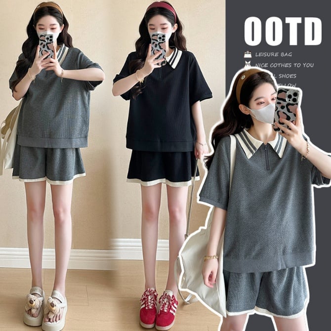Maternity Color-Block Polo Short-Sleeve Top + Belly Support Shorts Fashion Two-Piece Set
