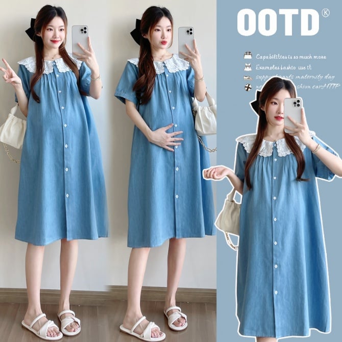 Summer Maternity Denim Dress with Peter Pan Collar