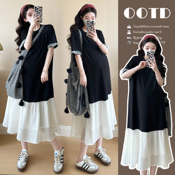 Color-Block Midi Maternity Short-Sleeve DRESS