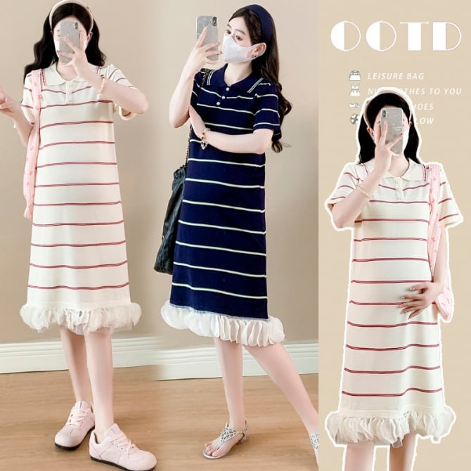 Maternity Dress - Youthful Slimming Striped Polo Dress with Contrasting Design & Casual Style