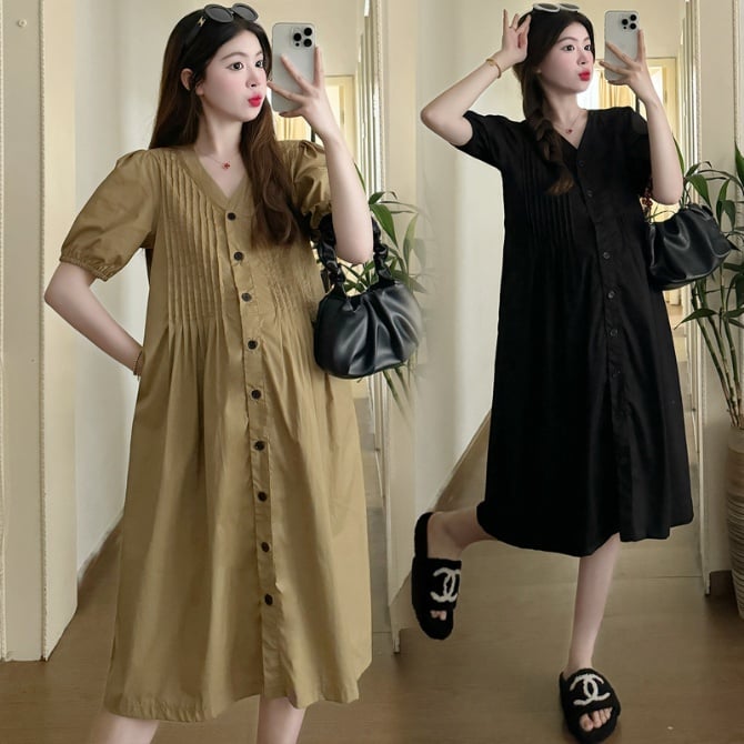 Korean Style Maternity V-Neck Button-Front Nursing Shirt Dress - Mid-Length & Sweet Design