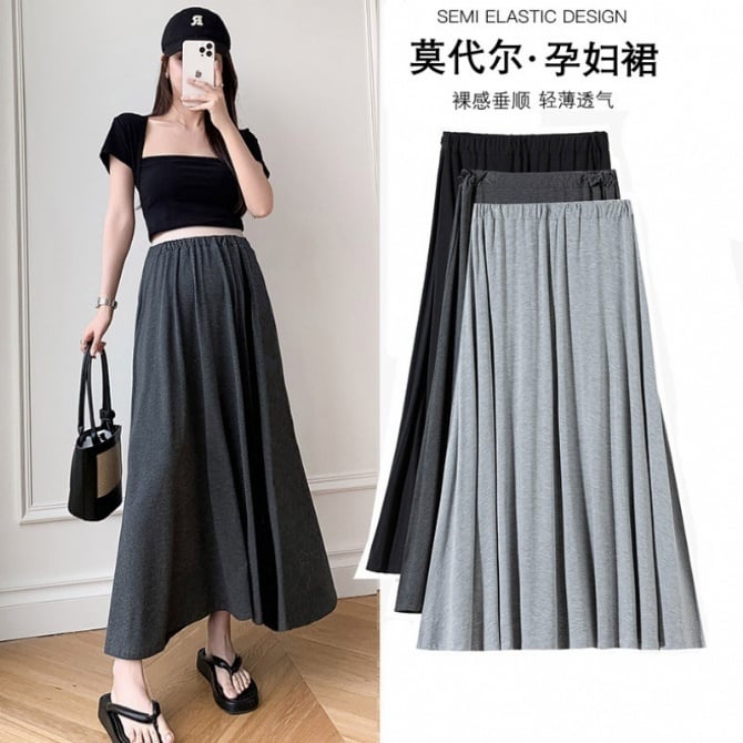 Adjustable High Waist Modal Maternity Maxi Skirt – Lightweight Flowy A-Line Design