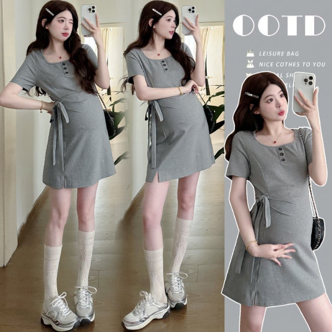 Petite Maternity T-Shirt Dress – Summer Knit Bodycon Mini Dress for Trendy Moms