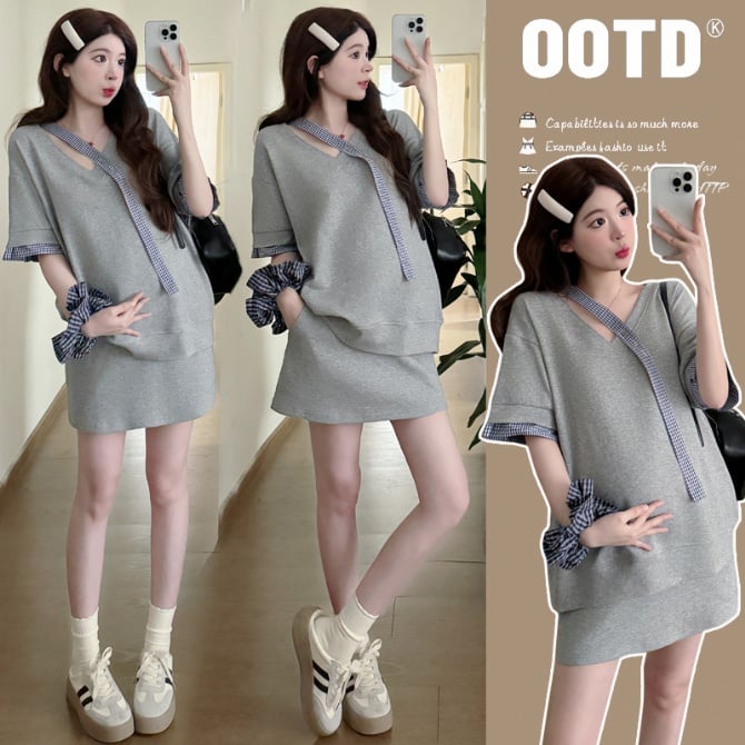Casual Plaid T-Shirt Top Two-Piece Set for Petite Women