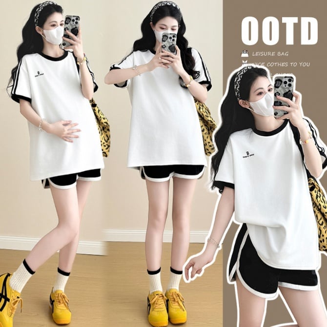 Maternity Summer Set – Loose White Short Sleeve T-Shirt & Shorts Two-Piece Outfit