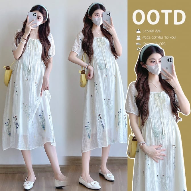 Elegant Embroidered Floral Maternity Maxi Dress – Slimming and Youthful