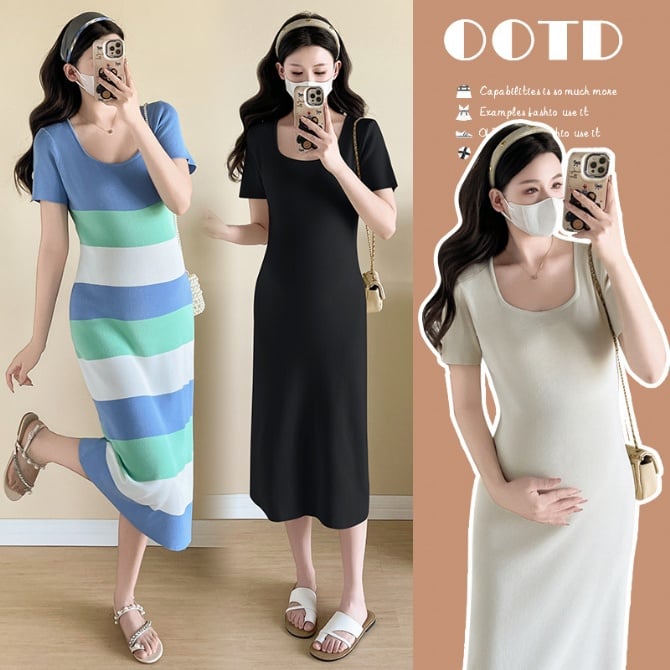 Elegant Striped Maternity Knit Dress – Slimming & Comfortable