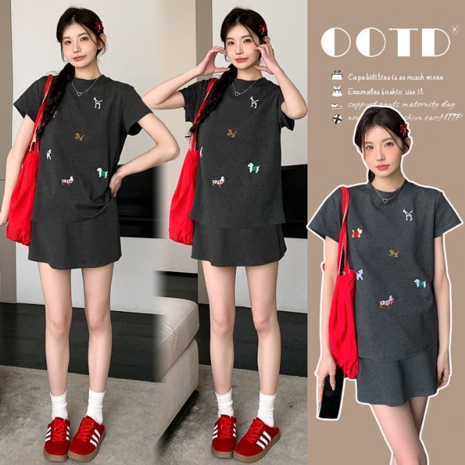 Elegant Maternity Embroidered Two-Piece Set – Summer Short Sleeve T-Shirt & Casual Sport Skirt