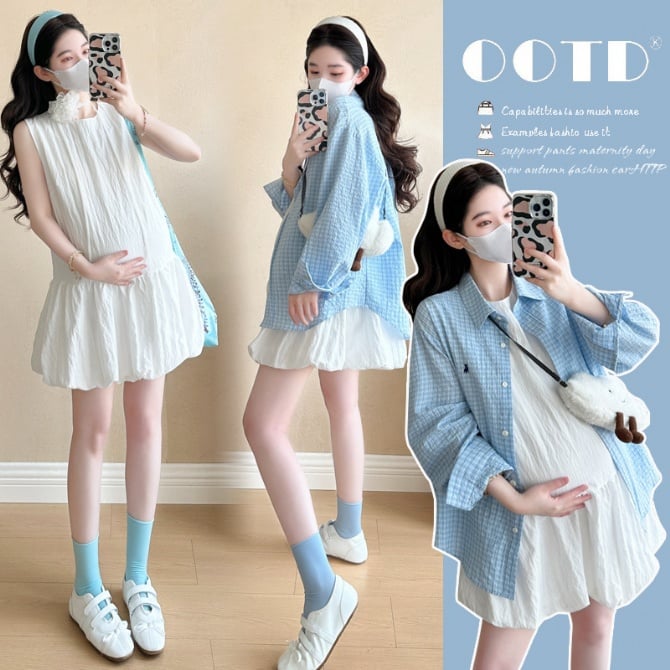 Maternity Tank Dress + Korean Style Plaid Embroidered Shirt