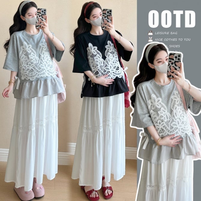 Bowknot T-Shirt Top + Slim-Fit Skirt with Decorative Button – Maternity Two-Piece Set