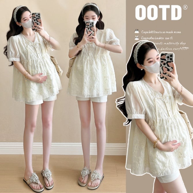 Maternity Set – Embroidered Chiffon Top + Belly Support Shorts