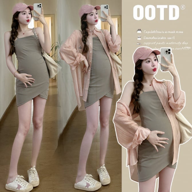 Petite Maternity Summer Outfit – Trendy Two-Piece with Sundress & Sheer Sun Shirt for Stylish Moms
