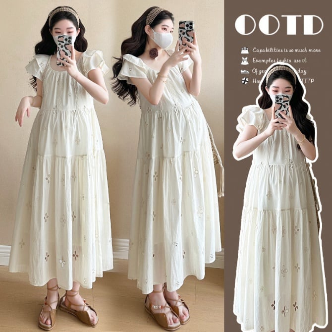 Summer Maternity Dress – Embroidered, French Style, Loose Fit