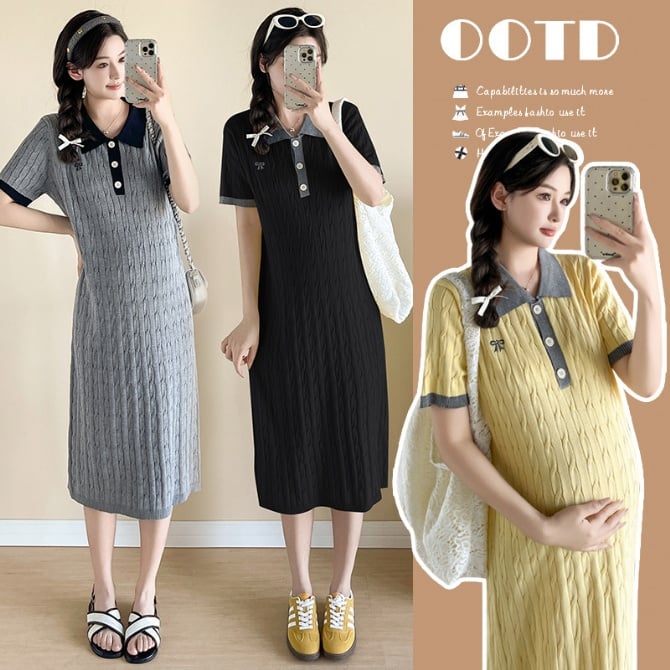 Maternity Polo Collar Short Sleeve Fashionable High-End Twisted Knit Long Dress