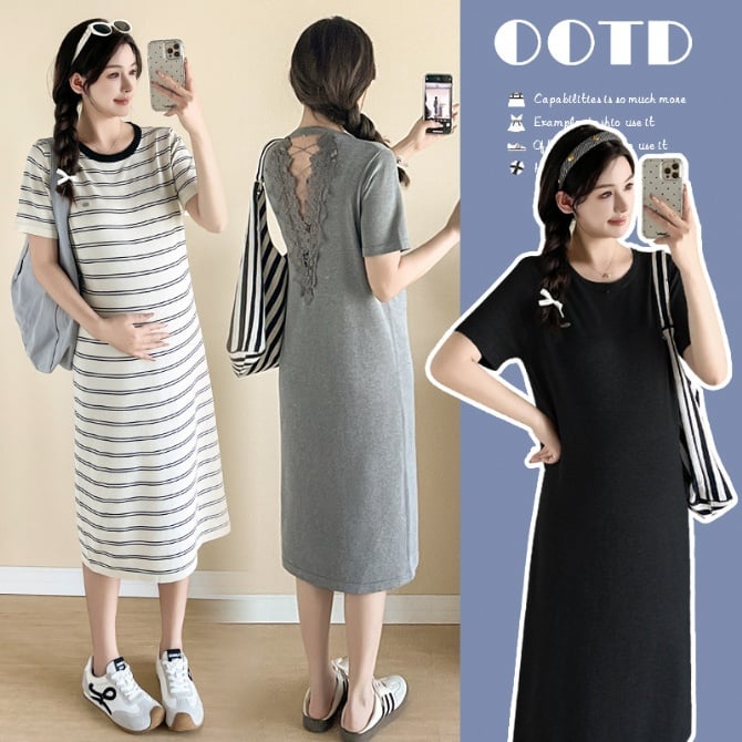 Elegant Maternity Knit Dress – Hollow Back & Lace Patchwork Design