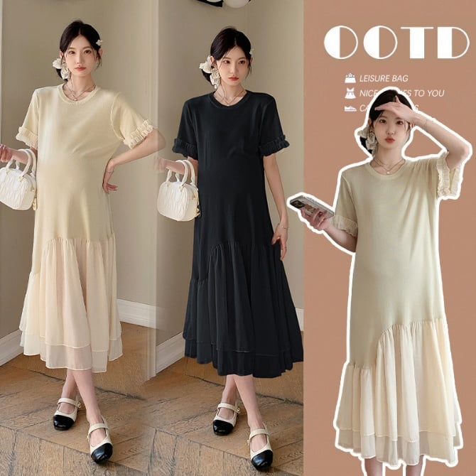 Elegant Maternity Knit Dress – Hollow Back & Lace Patchwork Design