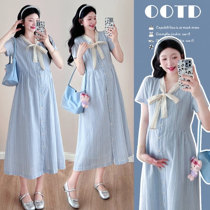 Elegant Striped V-Neck Maternity Dress with Lace and Bow Detail