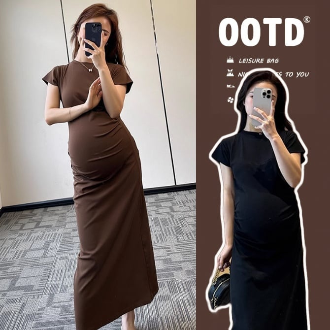 Maternity Short Sleeve T-Shirt Dress – Bodycon Ruched Maxi Style