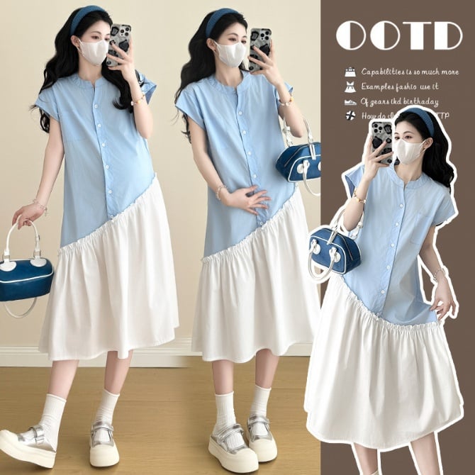 Maternity Shirt Dress – Stylish Mom’s Casual Loose-Fit Patchwork Design