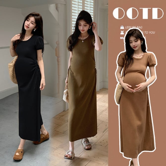 Elegant Maternity Summer Dress – Solid Color Knit Bodycon with Stretch