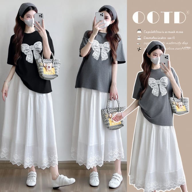 Maternity Two-Piece Set – Summer Bow Top & Skirt
