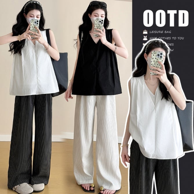 Korean Style Maternity Outfit – Sleeveless Top & Wide Pants for Petite Moms