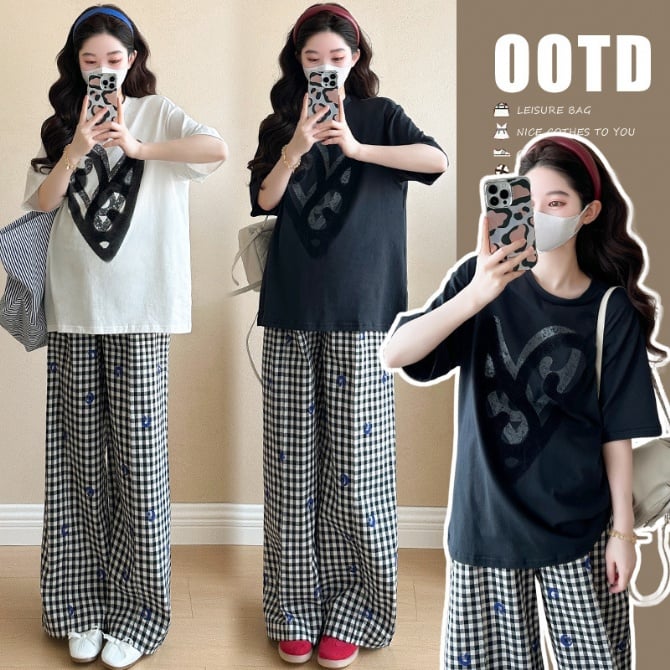 Summer Maternity Set – Korean Style Loose Fit Printed T-Shirt and Plaid Pants