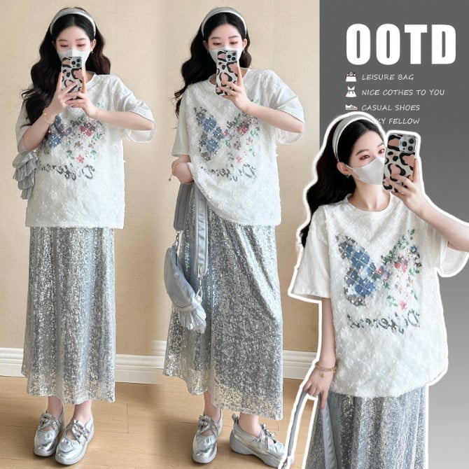 Summer Maternity Set – Korean Style Butterfly Print Lace T-Shirt & Sequin Skirt