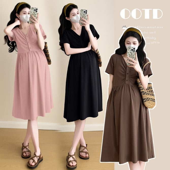 French V-Neck Summer Maternity Dress, Slim Fit, Vintage Style