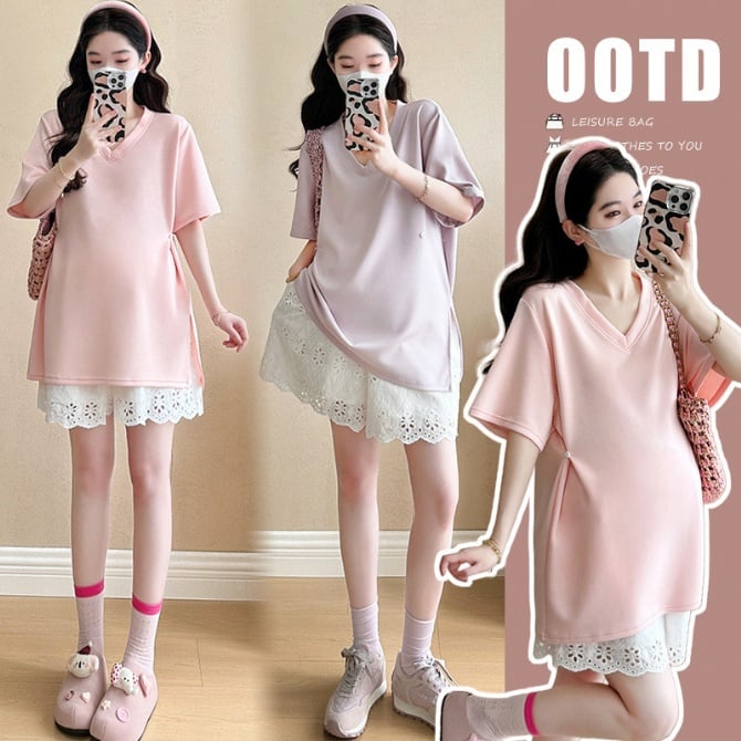 Maternity 2-Piece Set – Loose Fit Air Cotton T-Shirt + Lace Shorts
