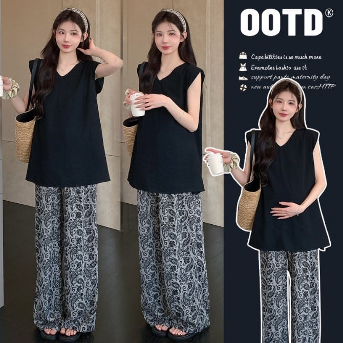 Maternity Sleeveless Top & Floral Wide-Leg Pants Set