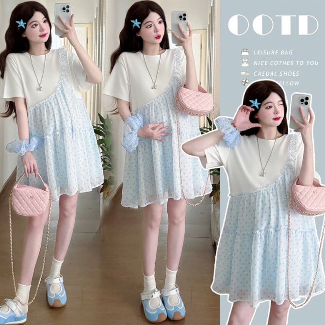 Maternity Polka Dot Short Sleeve Patchwork Dress