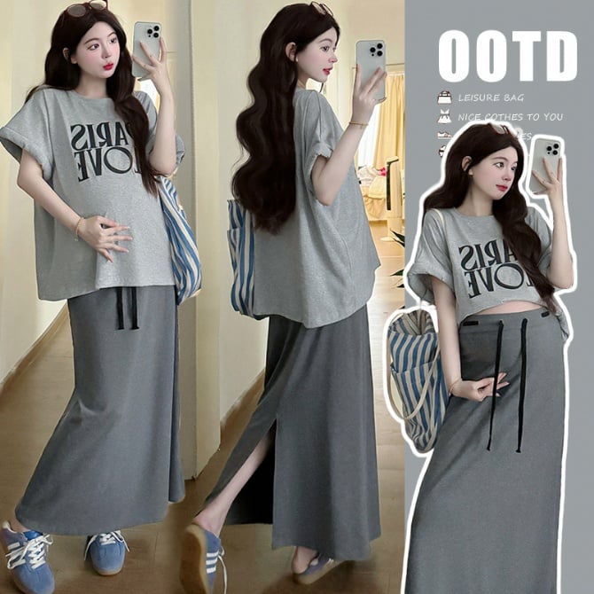 Maternity Letter Print T-Shirt & Drawstring Skirt Set