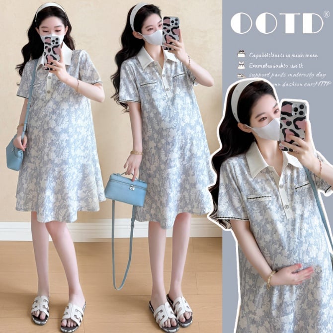 Chic Polo-Collar Jacquard Maternity Dress