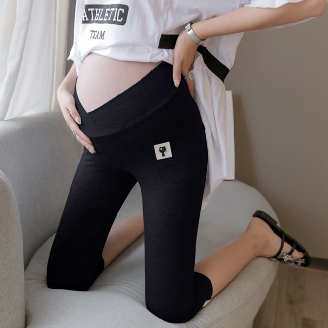 Maternity 3/4 Length Leggings – Low Waist Modal Cotton with Cute Cat Print