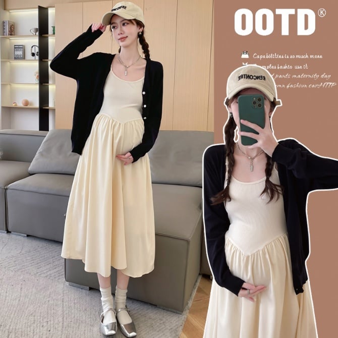 Maternity Set – Solid Color Cami Dress with Sun Protection Cardigan