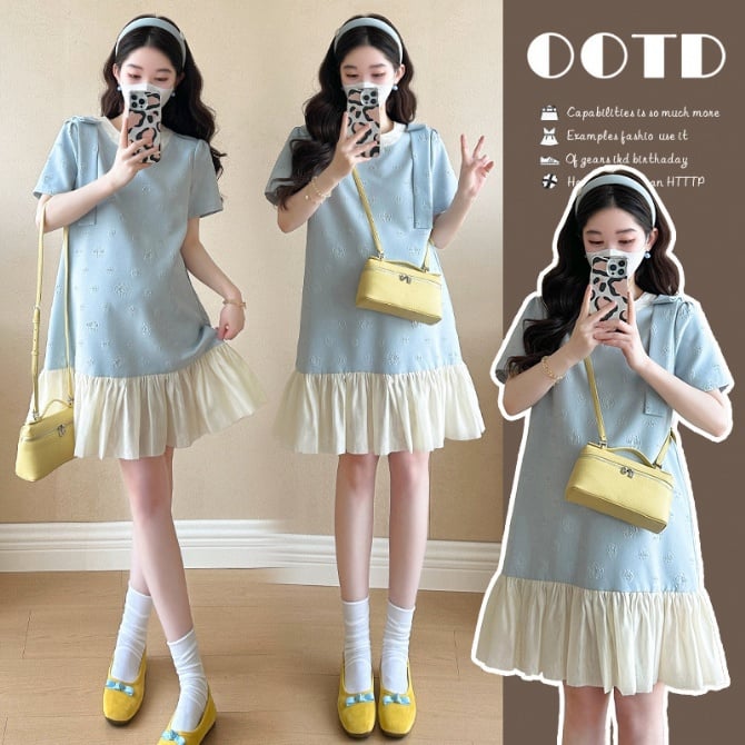 Sweet Korean-style Maternity Dress with Patchwork and Puff Skirt
