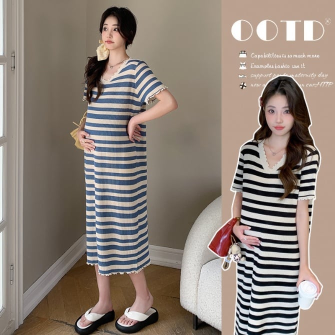 Korean-Style Striped Ice Silk Knit Maternity Dress