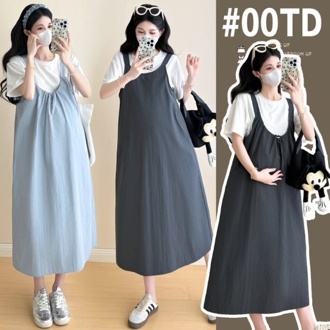 Maternity Suspender Dress + T-Shirt Two-Piece Set