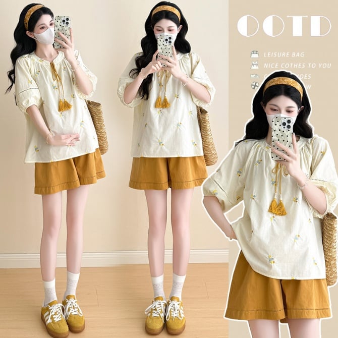 Maternity Set – Embroidered Blouse & Loose Casual Shorts in Fresh Sweet Style