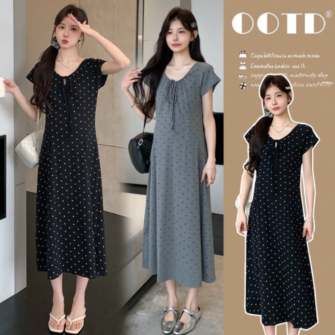 New Summer Maternity Polka Dot Dress with Adjustable Drawstring
