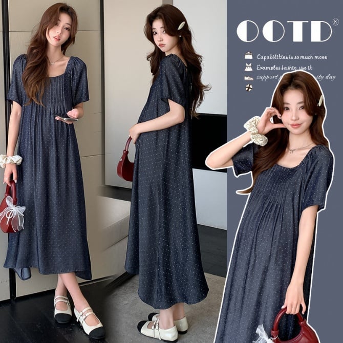 French-Inspired Maternity Maxi Dress – Denim Blue & Elegant Influencer Style