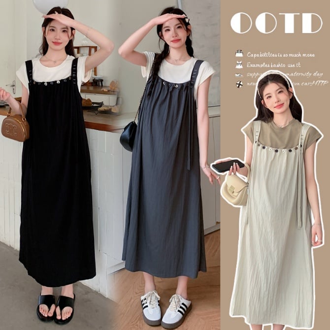 Maternity Summer Two-Piece Set with Ruched Suspender Dress & Short-Sleeve Tee