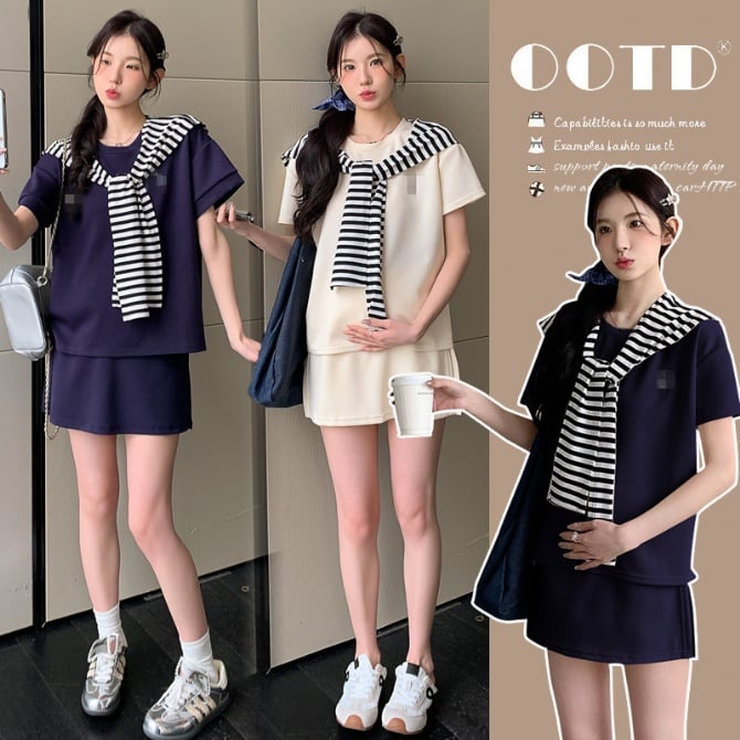 Maternity Loose Fit Short Sleeve T-Shirt and Skirted Shorts Two-Piece Set