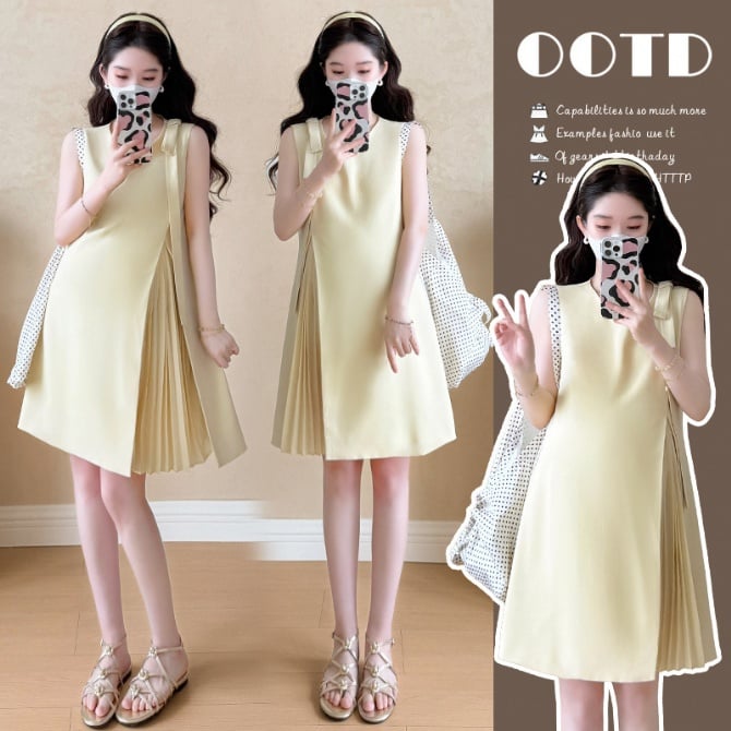 Sweet Style Pleated Sleeveless Maternity Dress for Petite Moms