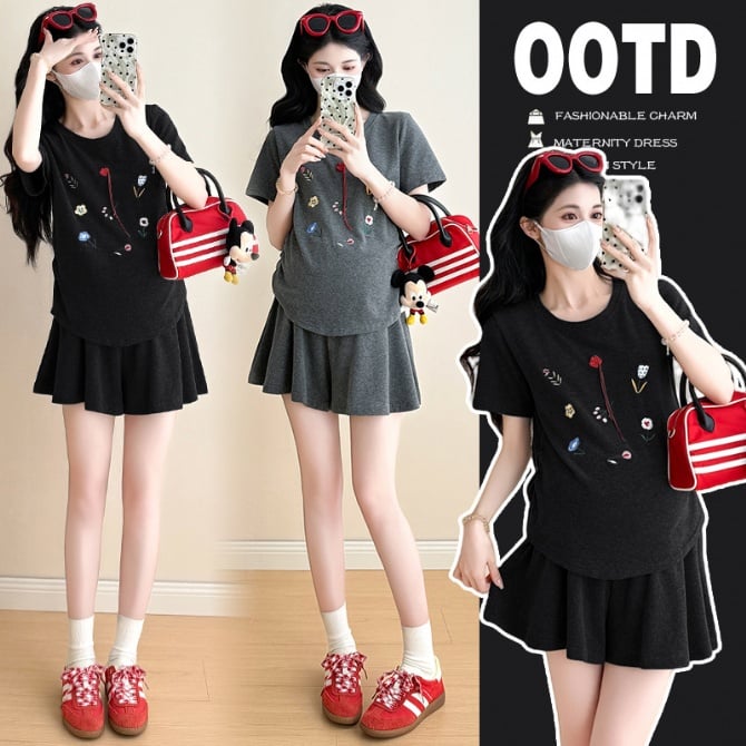 Maternity Embroidered Cotton T-Shirt & Skirt Set – Summer Casual Two-Piece