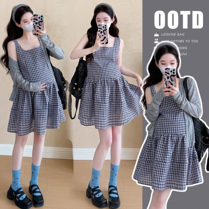 Maternity French Plaid Vest Dress Set – Elegant Summer Two-Piece Outfit
