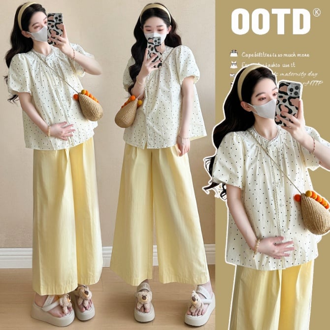 Maternity Two-Piece Set – Chiffon Blouse & Skirt in Tweed-Inspired Style