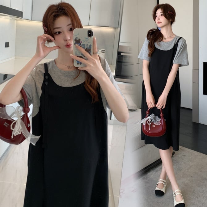 Maternity Faux Two-Piece Little Black Dress – Summer T-Shirt Style Outfit